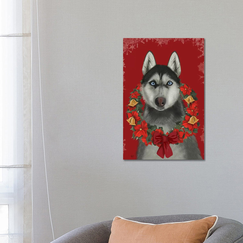 Husky And Poinsettia Wreath by Fab Funky - Wrapped Canvas Gallery-Wrapped Canvas Giclée, 66.04 cm H x 45.72 cm W x 1.91 cm D