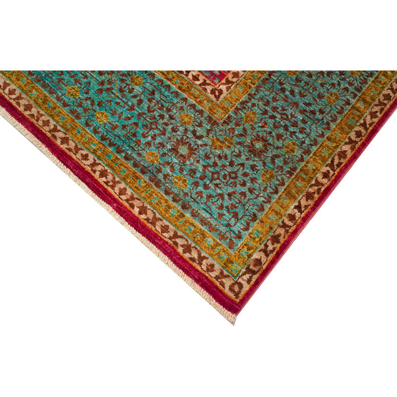 Tapis rose / vert unique de haute qualité noué à la main
