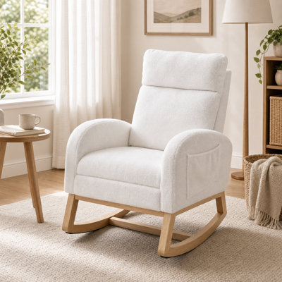 White teddy bear plush rocking chair with a solid wood base, high-back headrest, adjustable footstool, and side storage pockets. Dimensions: 35.08 × 27.39 × 40.18 inches.