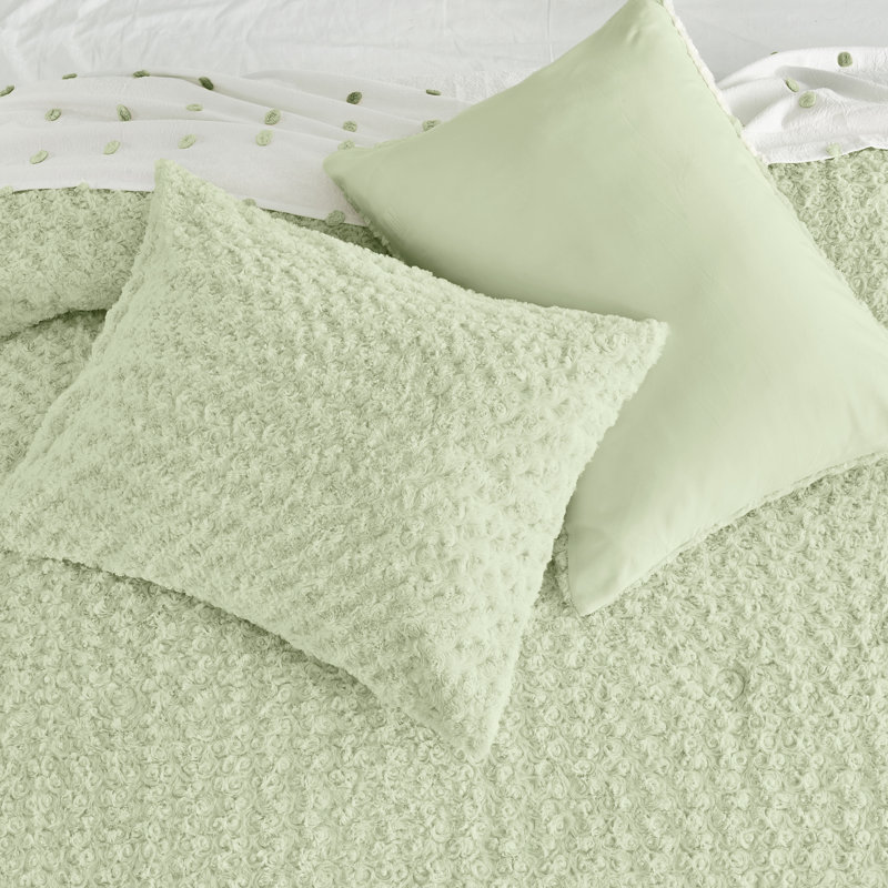 Ensemble de courtepointe réversible en coton bleu / gris 3 pièces, Vert clair