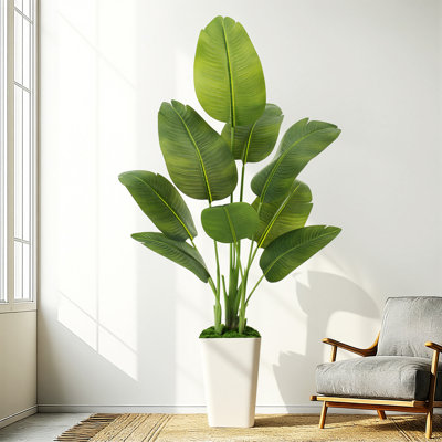 6FT Artificial Bird of Paradise in White Planter - Complete Tropical Floor Tree with 9 Realistic Leaves