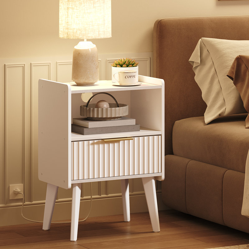 Table de chevet cannelée 23,4 "avec station de charge, table de chevet cannelée, Blanc