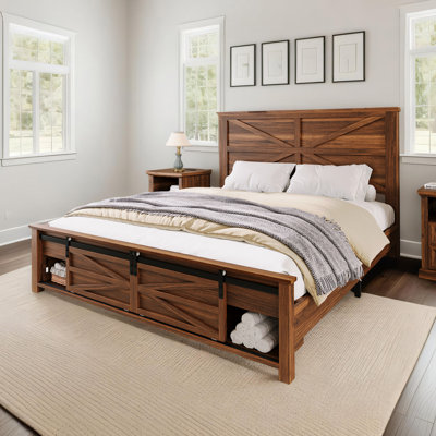 Farmhouse Full Size Wood Bed Frame with Footboard Storage Cabinets, Red Brown