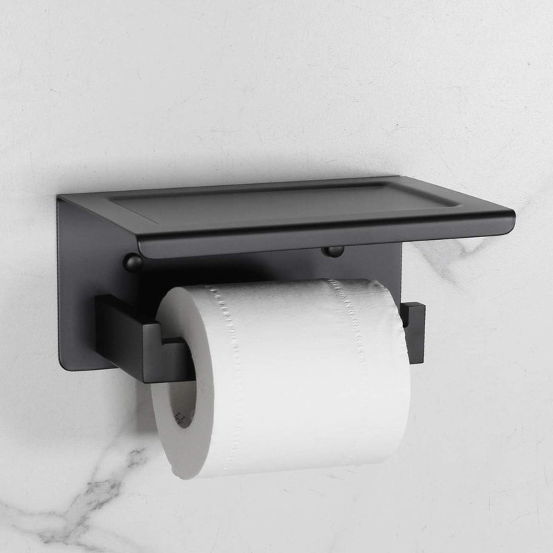 Porte-papier hygiénique mural en acier inoxydable avec tablette pour salle de bain, fini noir mat durable, rangement polyvalent