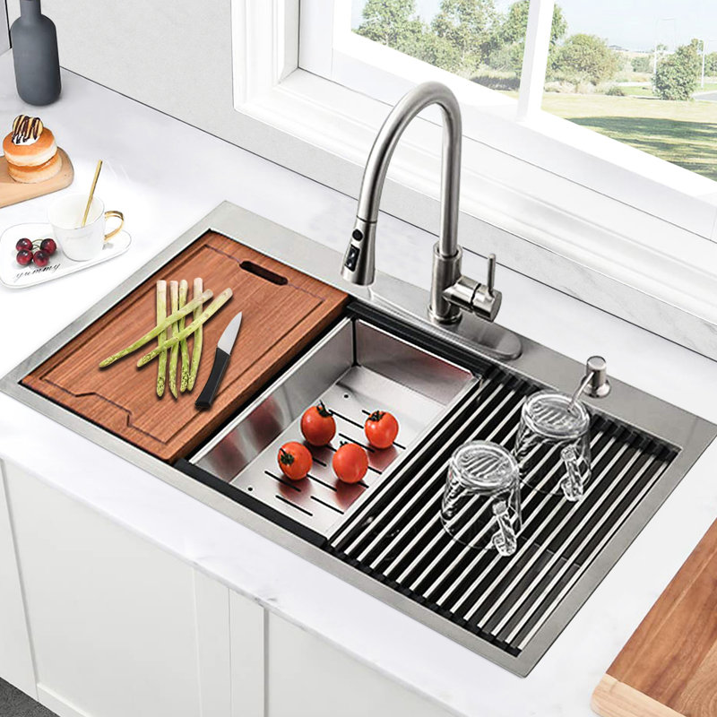 Évier de cuisine en acier inoxydable de calibre 16 - 33 x 22 avec rebord et accessoires polyvalents de 33 po avec fonction