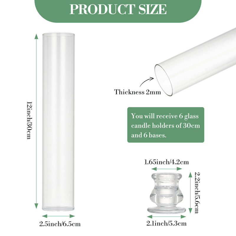 6-Pack 12" Tall Hurricane Candle Holders, Clear Glass Cylinders with Taper Candle Sticks for Wedding, Christmas, Party Decor