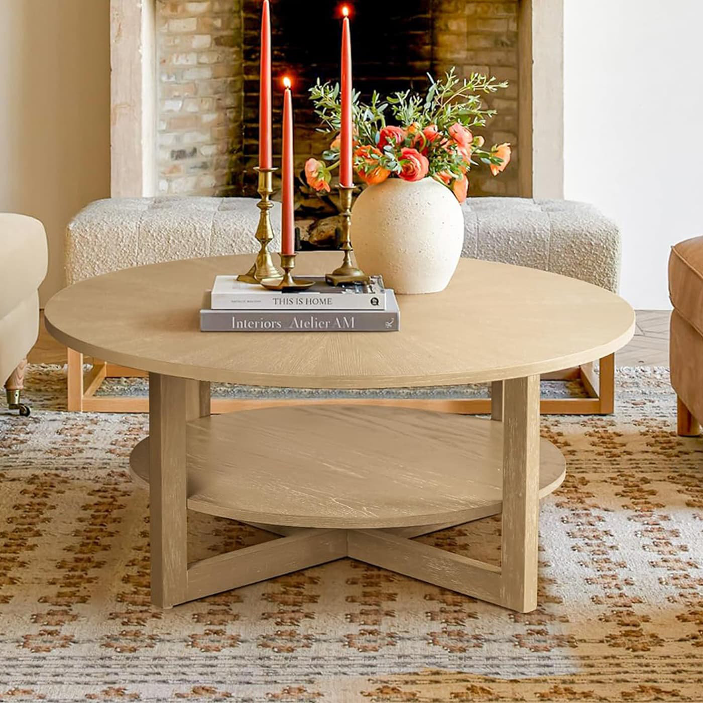 Latitude Run® Living Room Round Coffee Table, 2 Level Storage Rack ...