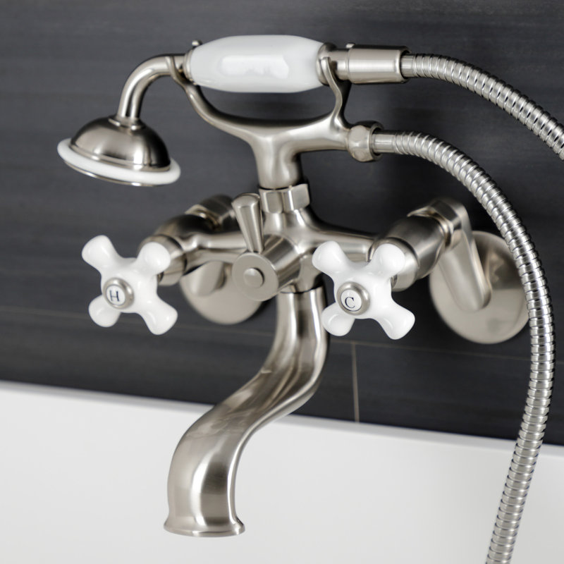 Kingston Brass Kingston Three-Handle 2-Hole Wall Mount Clawfoot Tub Faucet with Hand Shower, Brushed Nickel