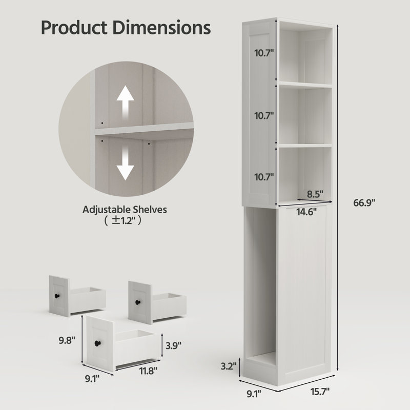 Grande armoire de rangement pour salle de bain avec 3 tablettes réglables, Blanc, Une seule porte