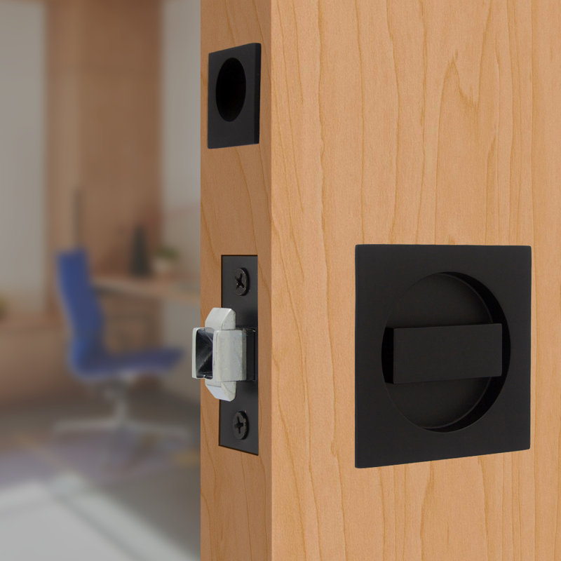 Pocket Door Hardware- Privacy with Finger Edge Pull, Satin Black