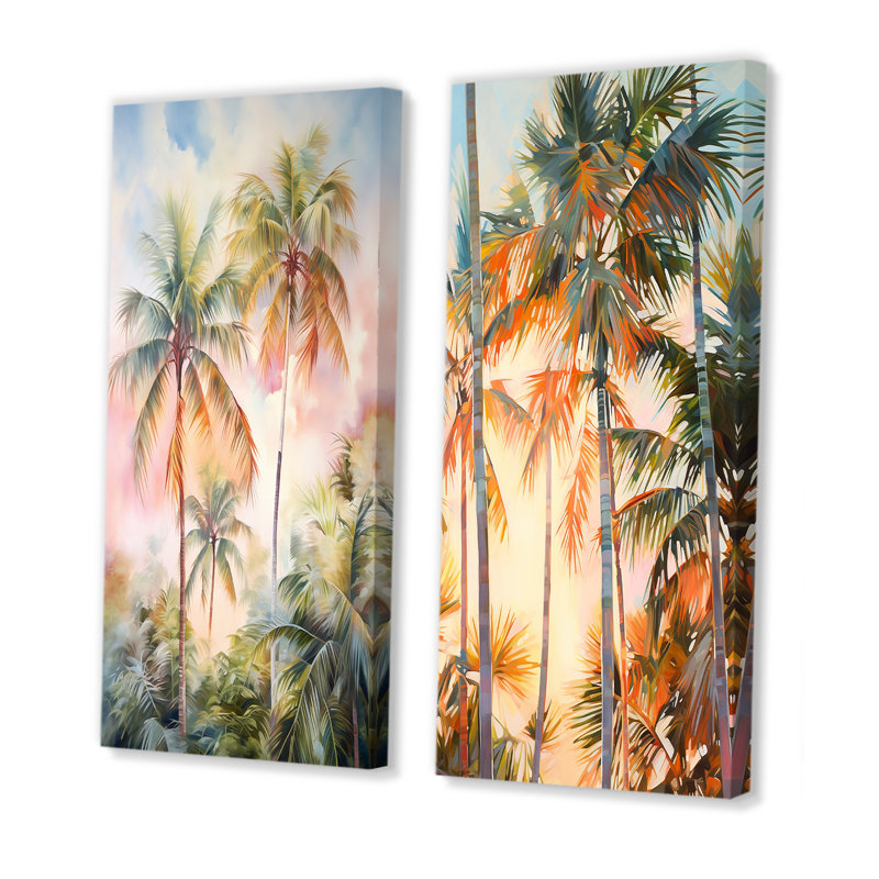 Palmiers, coucher de soleil romantique, ensemble de 2 pièces d'art mural palmiers et palmiers, Toile tendue