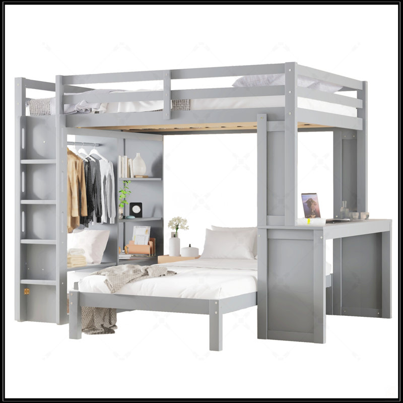 Queen Over Twin Bunk Bed With Dismountable Lower Bed And Desk, Solid Wood Frame With Built-In Shelves And Wardrobe, Convertible To Loft Bed