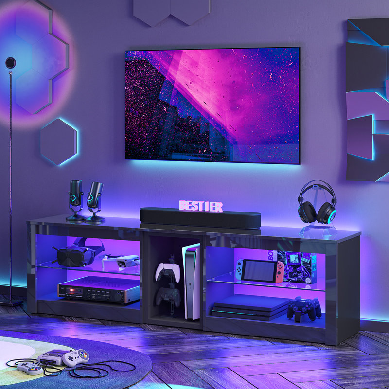 160cm High Gloss Tv Stand For up to 70", Gaming Entertainment Center, Led Tv Cabinet With Glass Shelves For Living Room