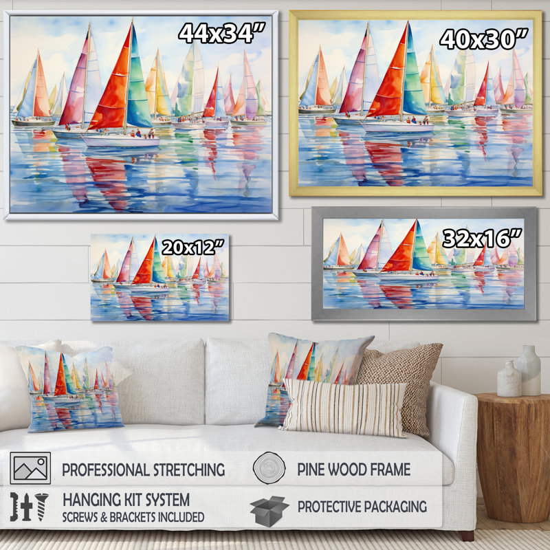 «Miminimlaism Watercolor Regatta III - Bateau à voile, art mural», H 12 po x l 20 po x P 1 po, Toile tendue