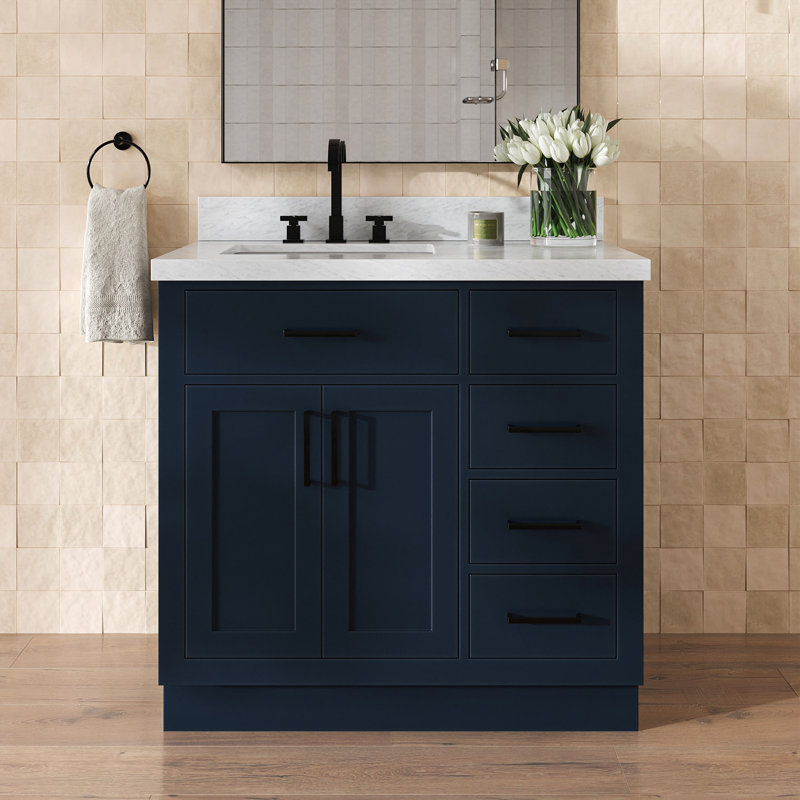 ARIEL HEPBURN 37 IN RIGHT OFFSET RECTANGULAR SINK VANITY 1,5 IN, Midnight Blue, Rectangular, Left