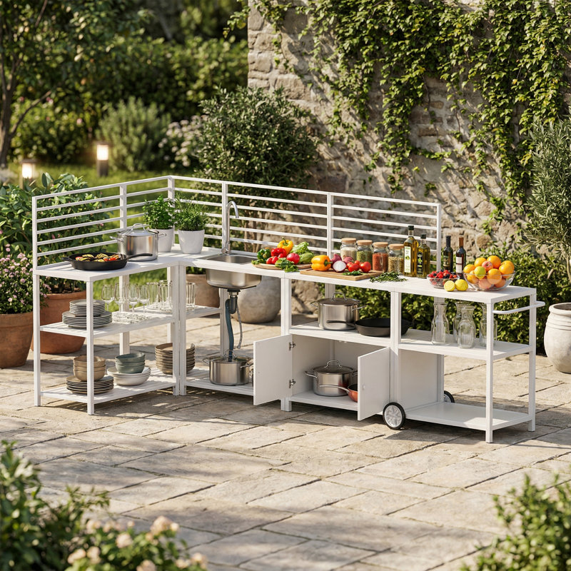 Ensemble de 5 stations de préparation modulaires pour l'extérieur avec armoire de rangement pour évier mobile, Blanc, White