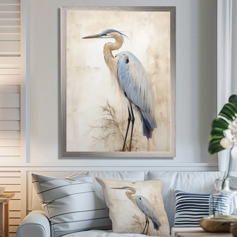 «Majestic Blue Heron Horizon II», art mural héron, H 44 po x l 34 po x P 1,5 po, Cadre simple argenté