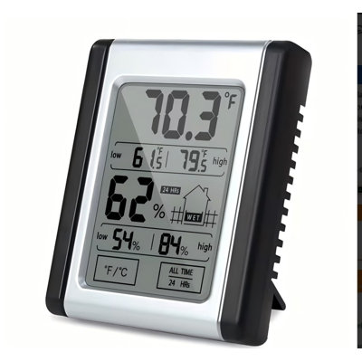 Indoor temperature and humidity meter with stand, precision 304 stainless steel probe with 0 to 250℃ measuring range, abs plastic housing, powered by CR2032 button battery for home, office and laboratory monitoring