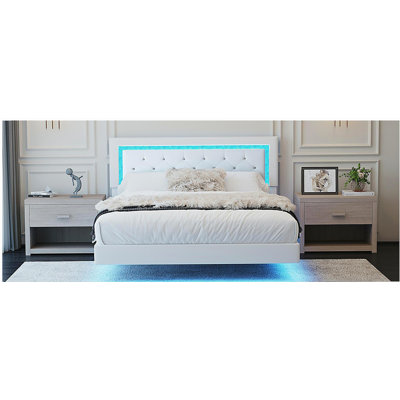 Queen Size Bed Frame with Headboard, Floating Bed Frame Queen with LED Lights, Upholstered Platform Bed with Diamond Tufted Headboard, No Box Spring Required, Beige