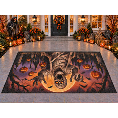 Tapis d'extérieur 5' x 7', motif momie d'Halloween à l'envers, épais, solide, imperméable, en PVC bouclé, tapis de patio résistant, tapis intérieur/extérieur à séchage rapide pour porche, terrasse, balcon, entrée.