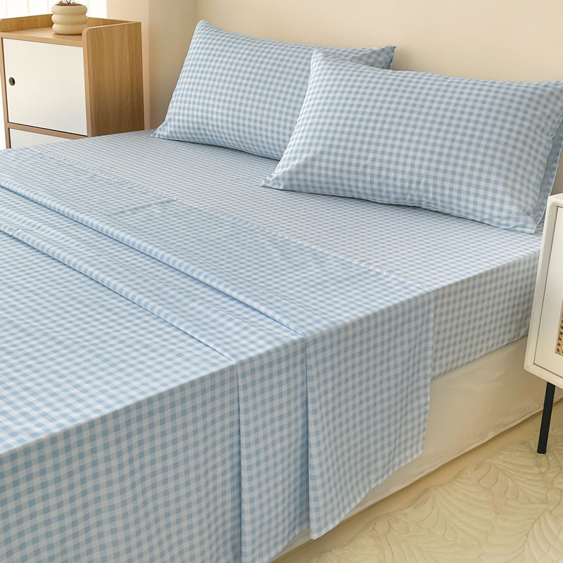 Ensemble de draps en vichy, microfibre prélavée ultra-douce, Ensemble de draps grand lit + 2 taies d'oreiller, Bleu Gingham