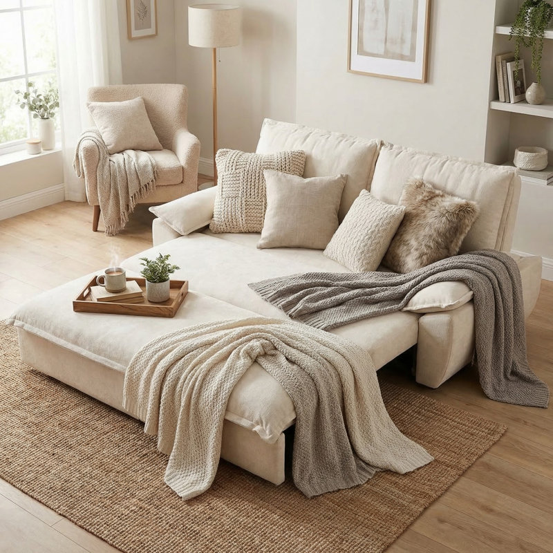 73.21" Queen Pull Out Sofa Bed, 3-in-1 Convertible Sleeper Sofa Bed for Living Room, White Velvet