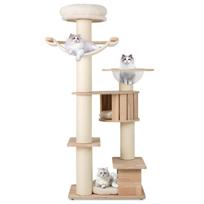 69'' Tall Cat Tree Wooden Kitten Tower w/ 2 Condos Cozy Top Perch Space Capsule