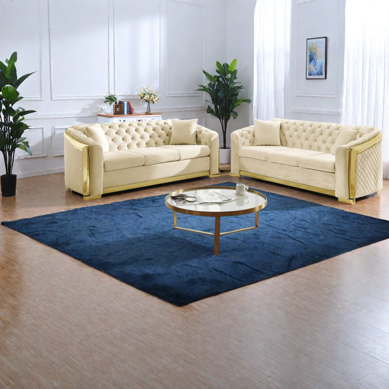 Canapés de luxe 2 pièces, garniture en velours beige, Chesterfield moderne