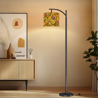Arc Floor Lamp with Adjustable Lampshade Traditional Chinoiserie Animals Botanical Nature World Culture Standing Lamp 3 Color Temperatures Dimmable Tall Pole Lamp with Foot Switch for Bedroom