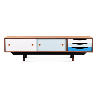 Armoire de télévision de style bleu rétro de 1955, placage de noyer naturel sur pieds, pieds en acier inoxydable noir, pieds en bois massif, tiroirs laqués pour armoire principale principale en bleu