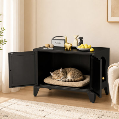 Enceinte de litière en métal pour chat - Meuble de litière caché pour chat, armoire de toilette pour chat autoportante, armoire à litière pour chat avec entrée latérale, table d'appoint décorative moderne noire pour animal domestique