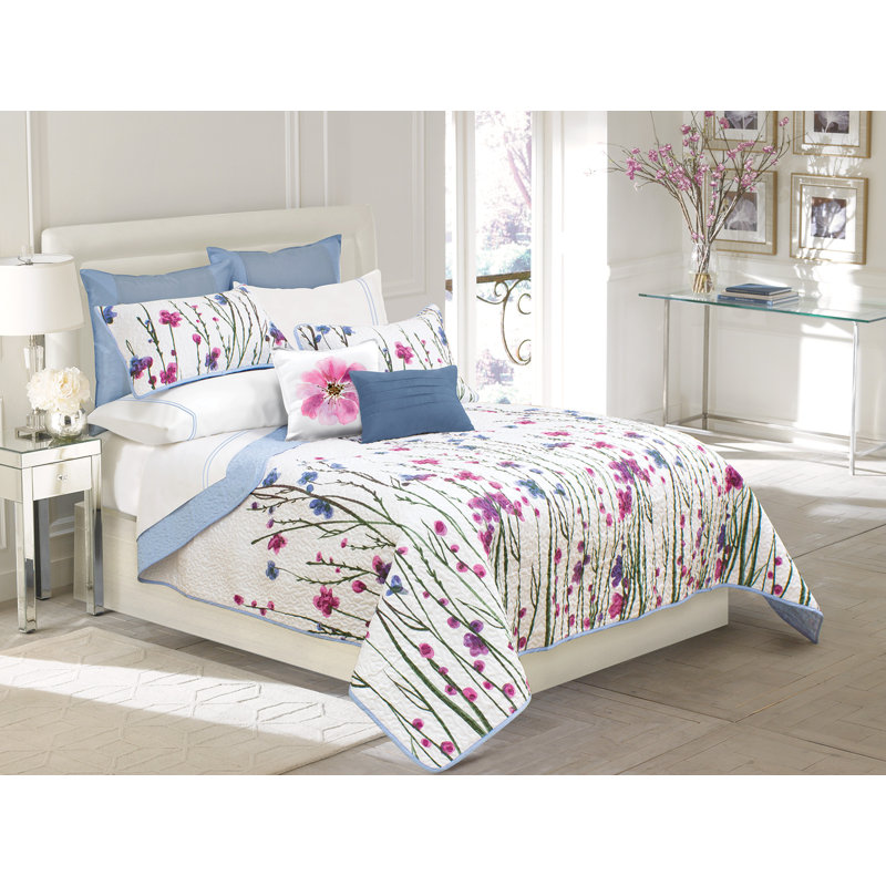 Ensemble de courtepointe réversible moderne et contemporain en microfibre blanc, bleu, rose et vert de trois articles Sabrina