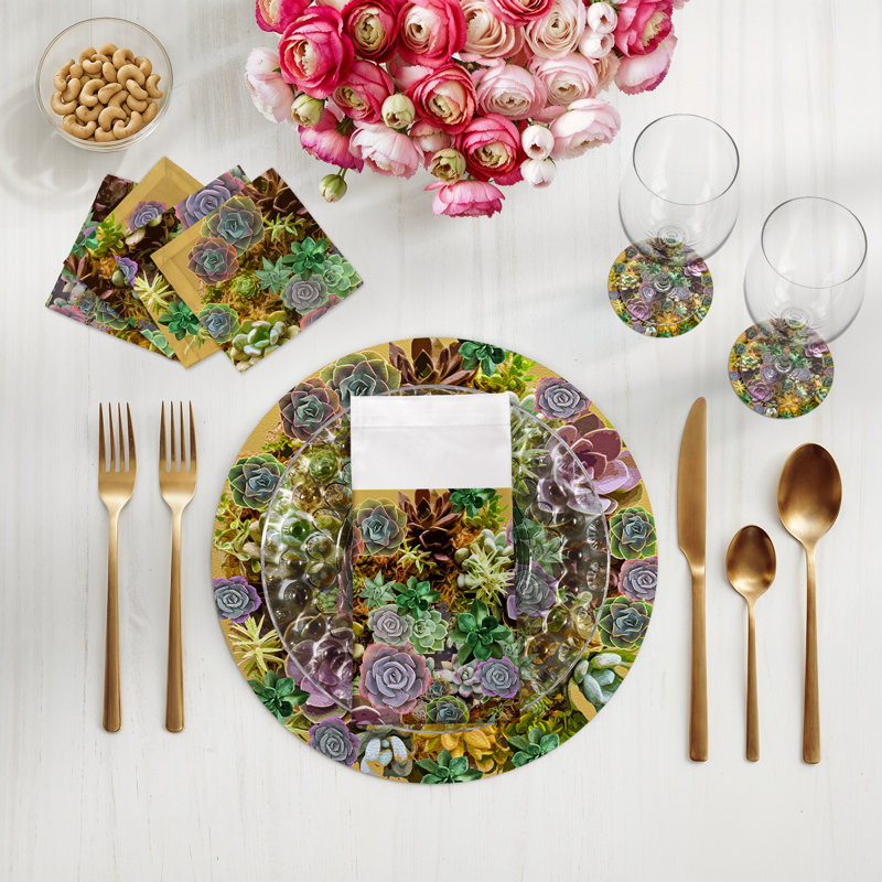 Succulents Vegan Leather Round Pebble Placemat, Gold