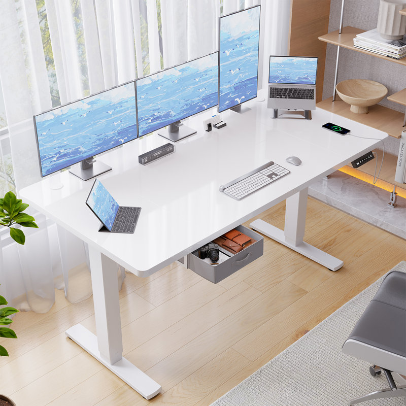 Electric Standing Desk Wide Desktop Height Adjustable Standing Desk With Drawer&Hooks, White, White, 118" H x 160" W x 80" D