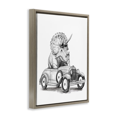 «Triceratops in Hot Rod», art mural encadré sur toile flottante, design par Rachel Nieman