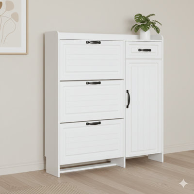 White Finish Shoe Storage Cabinet With Four Doors And One Drawer, Offering Large Storage Capacity