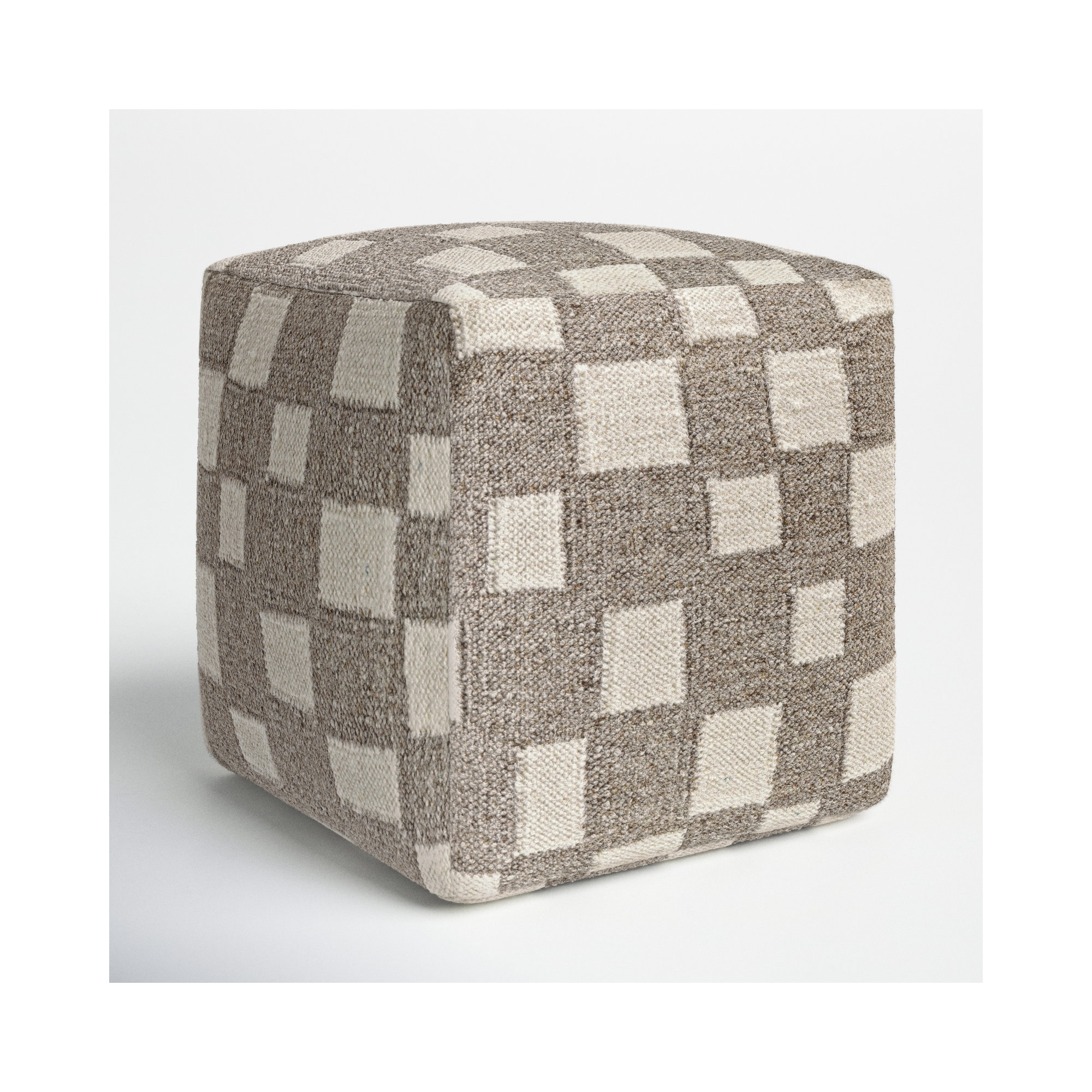 Gwennie Upholstered Pouf, Tan/Off White Wool/Cotton Blend