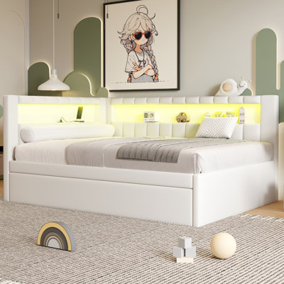 Upholstered Full Size Platform Bed With USB Ports And LED Belt, With Trundle, White