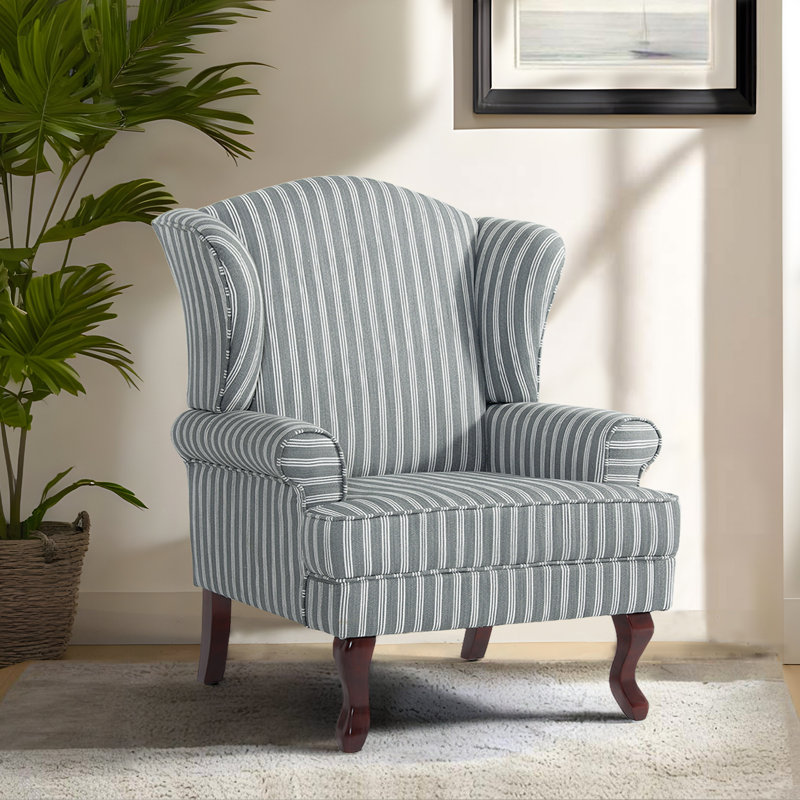 Duward Stripe Gray Linen Upholstered Wingback Accent Chair with Rolled Arm and Solid Wood Leg, Stripe Gray Linen