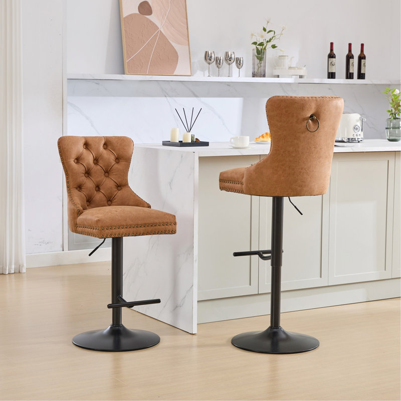 Aged And Retro PU Swivel Barstools Adjusatble Seat Height From 26-33 Inch, Modern Bar Stools With Backs Comfortable Tufted For Home Pub And Kitchen Island (Orange,Set Of 2)