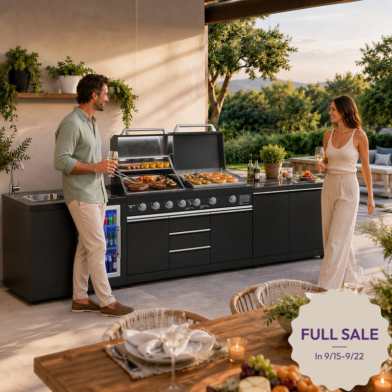 Îlot de cuisine extérieure modulaire Akoah 4 pièces avec gril, réfrigérateur, évier, plaque de cuisson latérale, deux brûleurs latéraux et plateau à charbon