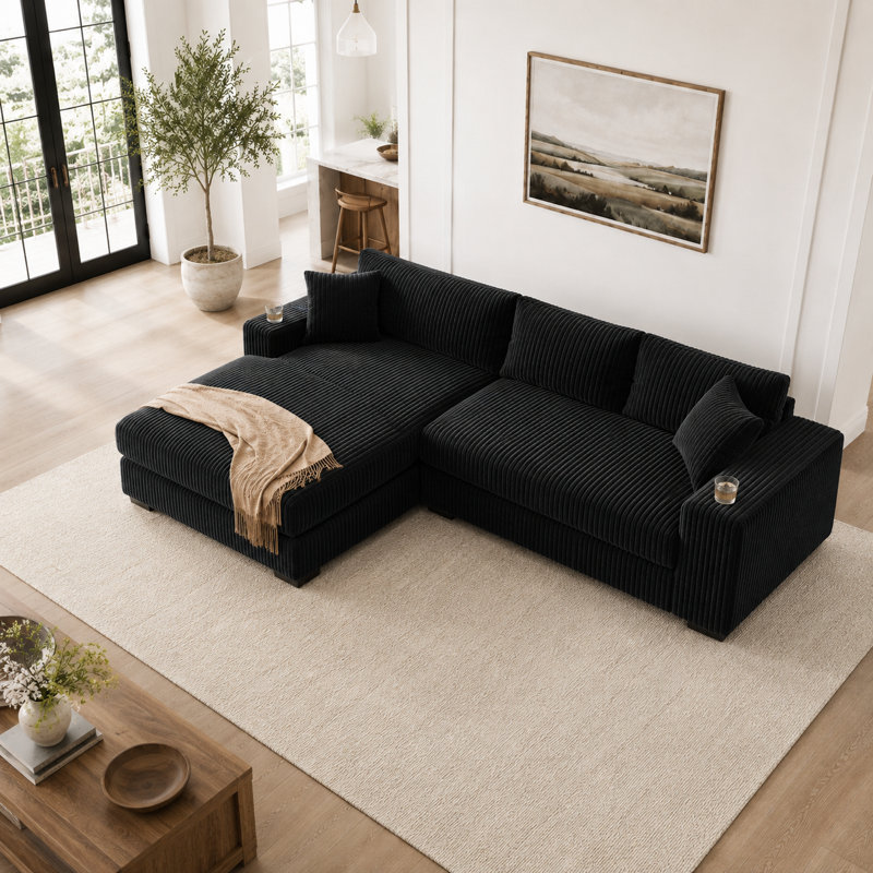 Grand canapé modulaire Mirod avec coussins épais, porte-gobelets et ports de chargement intégrés, Noir