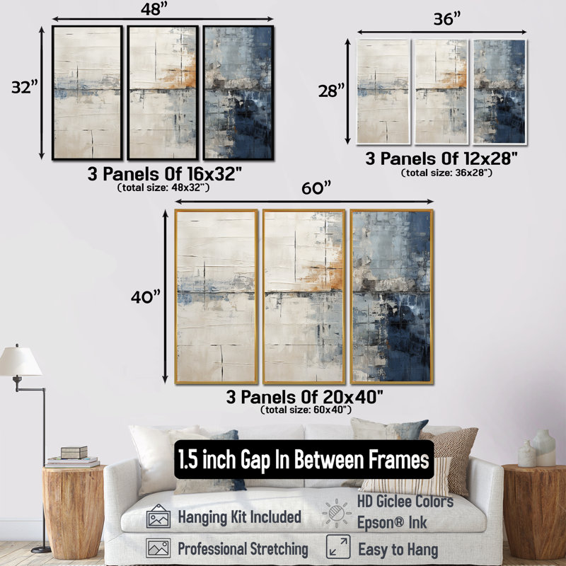 «Abstract Blue Beige Road Collage II», ensemble d'art mural sur toile, H 40 po x l 60 po x P 1 po, Cadre flottant brun
