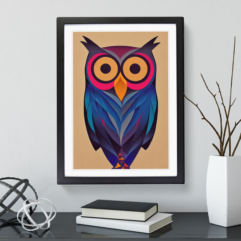 Owl in Technicolour No.3 Abstract 1 Piece Single Picture Frame Wall Art, 64cm H x 46cm W x 2cm D, Black