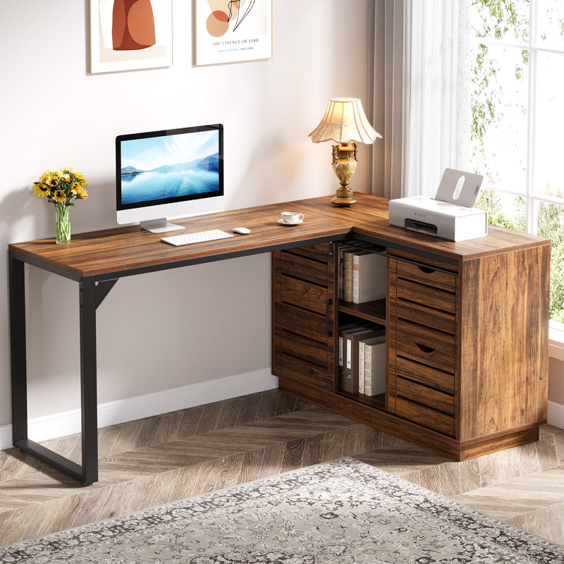 L-Shaped Computer Desk With File Drawers, 55 Inches Corner L-Shaped Office Desk With Sliding Doors