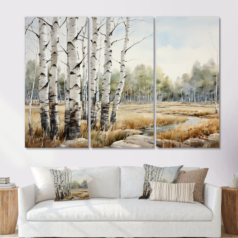 Ensemble d'art mural en toile beige et gris avec bouleau, Toile tendue, H 40 po x l 60 po x P 1 po