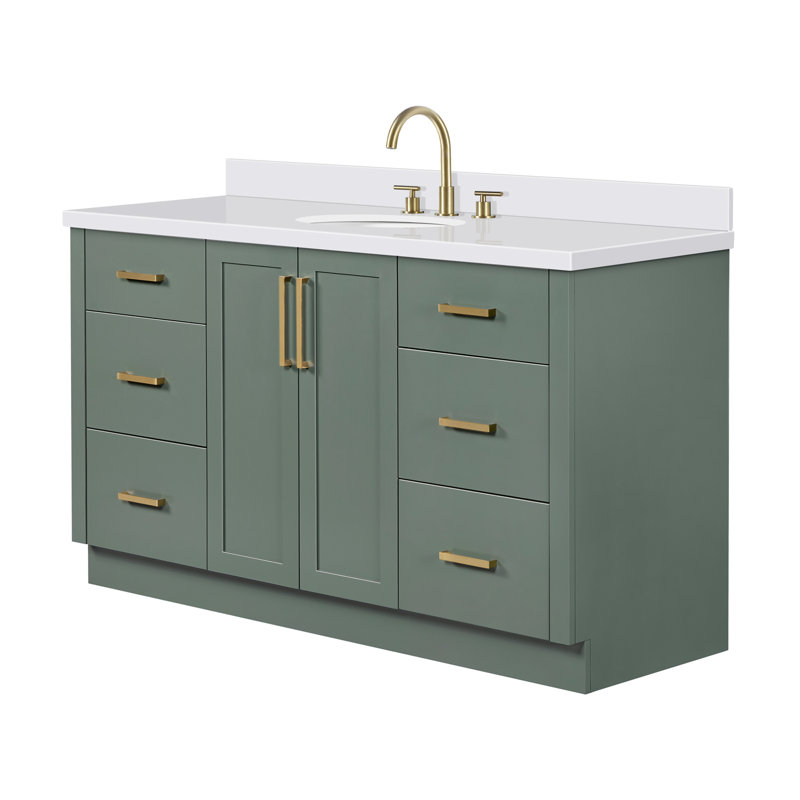 Meuble-lavabo ovale simple de 61 pouces avec comptoir en quartz blanc pur de 1,5 pouce, couleur vert vintage, Ovale