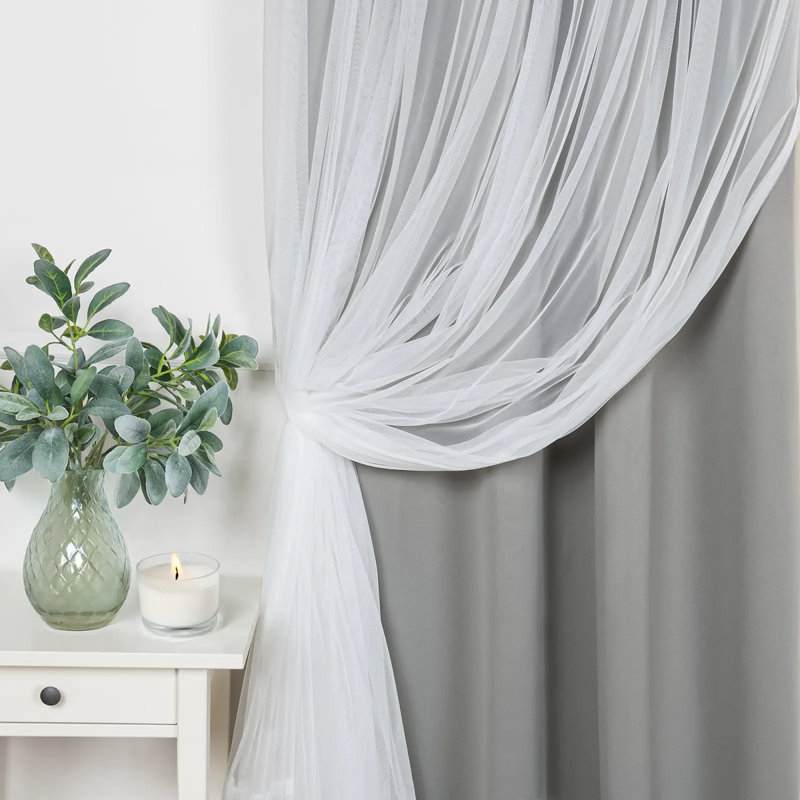 Fortuna Brockham Solid Tulle Overlay Room Darkening Grommet Curtain Panels, Dove, 52" W x 63" L
