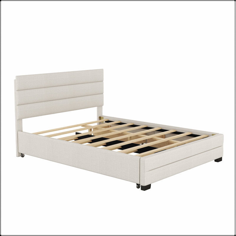 Upholstered Platform Bed with Trundle and Two Drawers, Beige