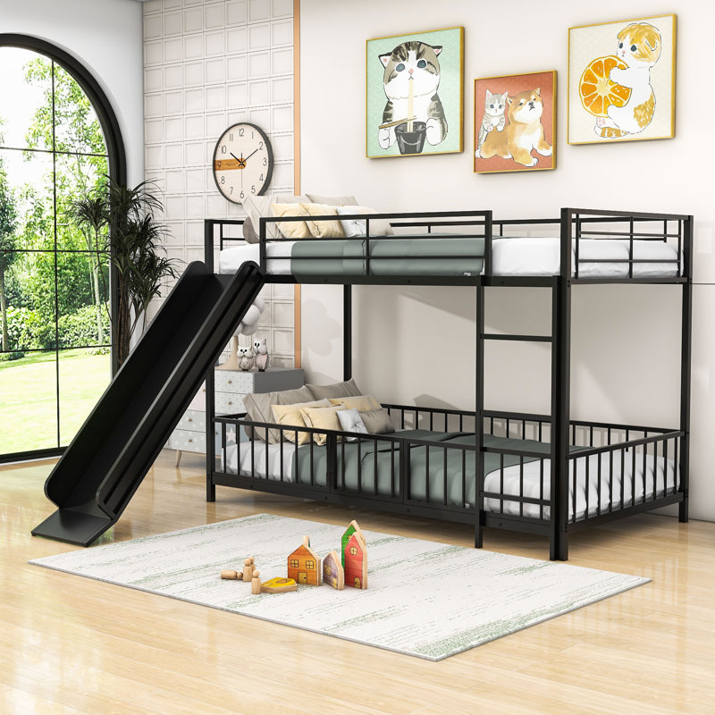 Lit superposé en métal pour enfants avec glissière, garde-corps et glissière interchangeable Annerike, Simple sur simple